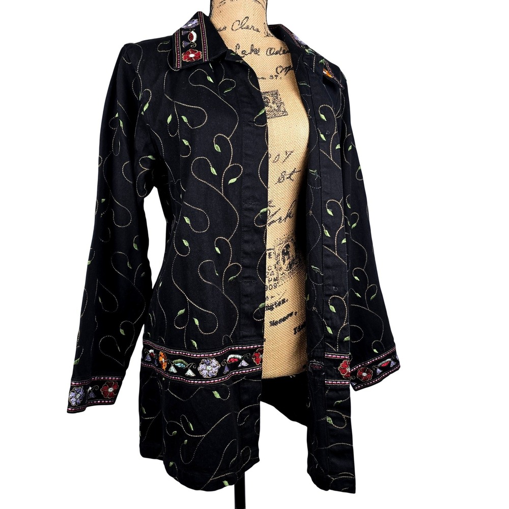Sexy Denim‎ & Co Black Cotton Floral Embroidered Button Front Jacket Medium NWT